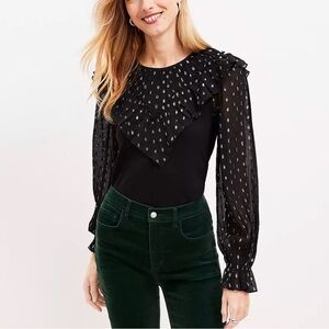 LOFT Black Ruffled Blouse with Sheer Sleeves